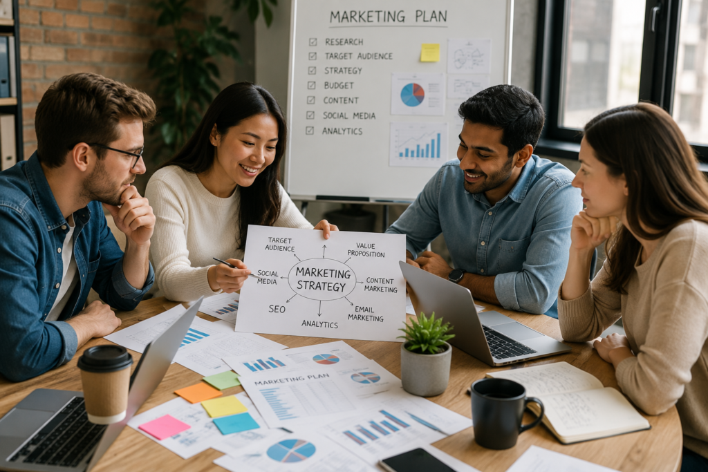 Startup team creating a marketing strategy to reach target customers and grow a business