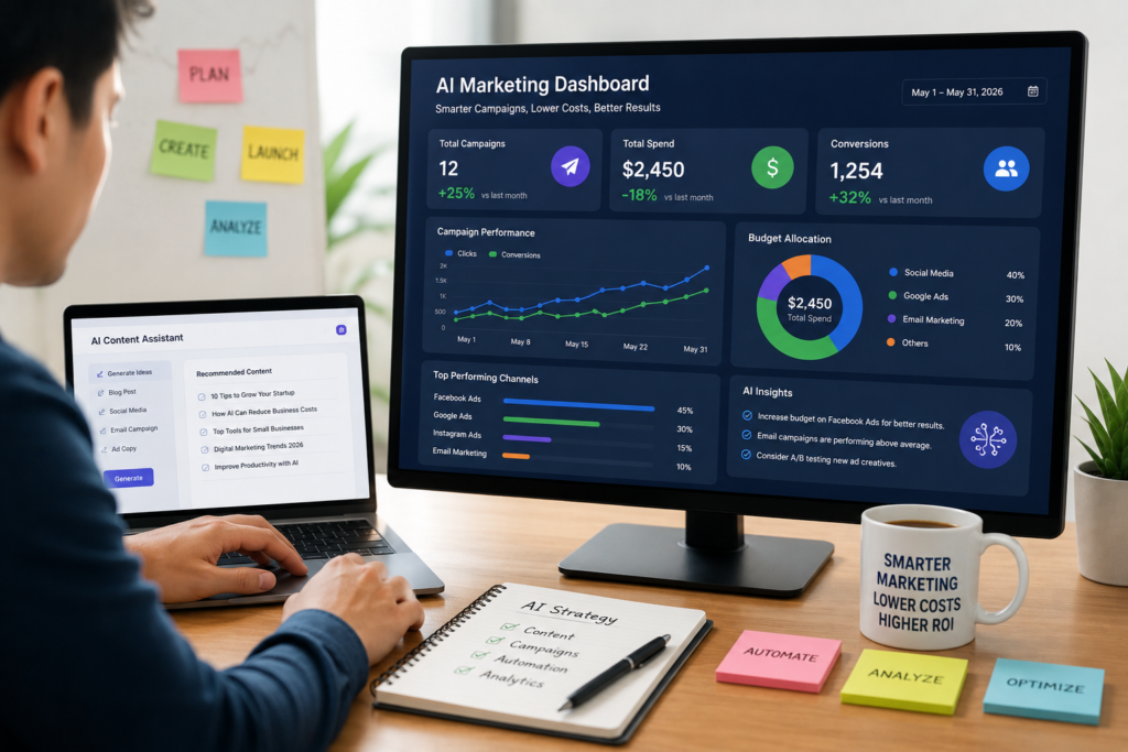 AI marketing dashboard helping startups optimize campaigns and reduce advertising costs