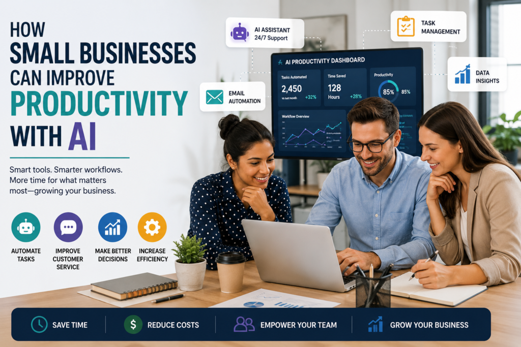 Small business team using AI tools to improve productivity, automate tasks, and increase efficiency