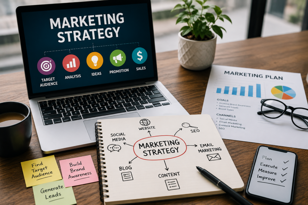 Marketing strategy planning for a startup business with customer targeting, growth planning, and brand development