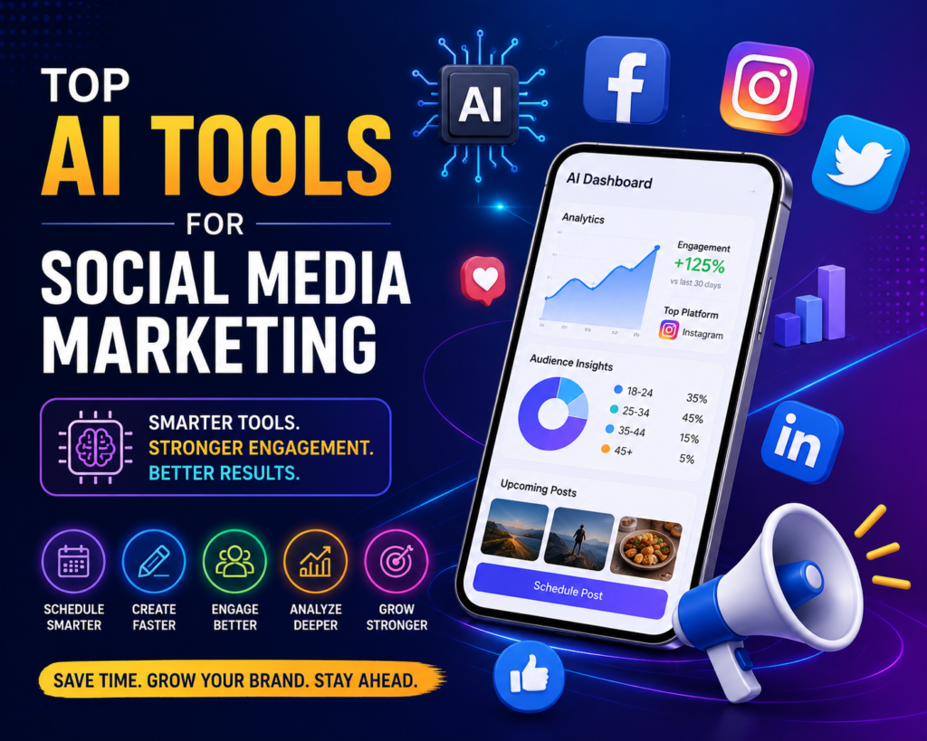 AI social media marketing tools helping businesses create content, schedule posts, analyze performance, and grow online