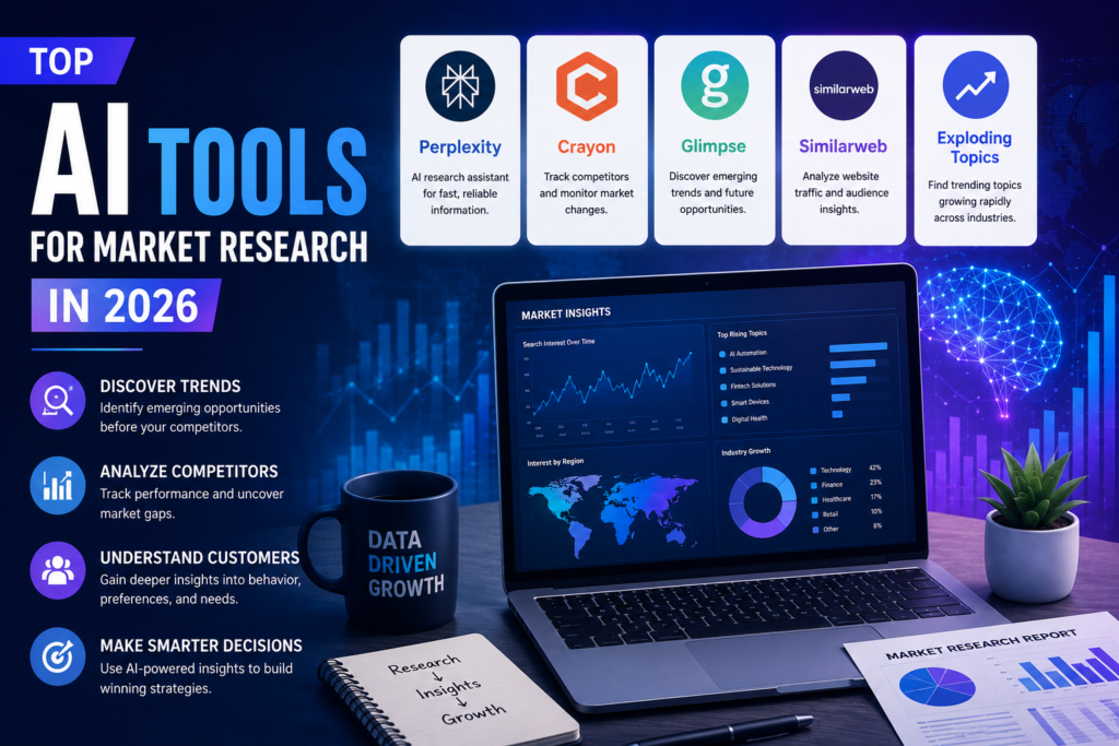 Top AI tools for market research in 2026 helping startups analyze trends, competitors, and customer insights.