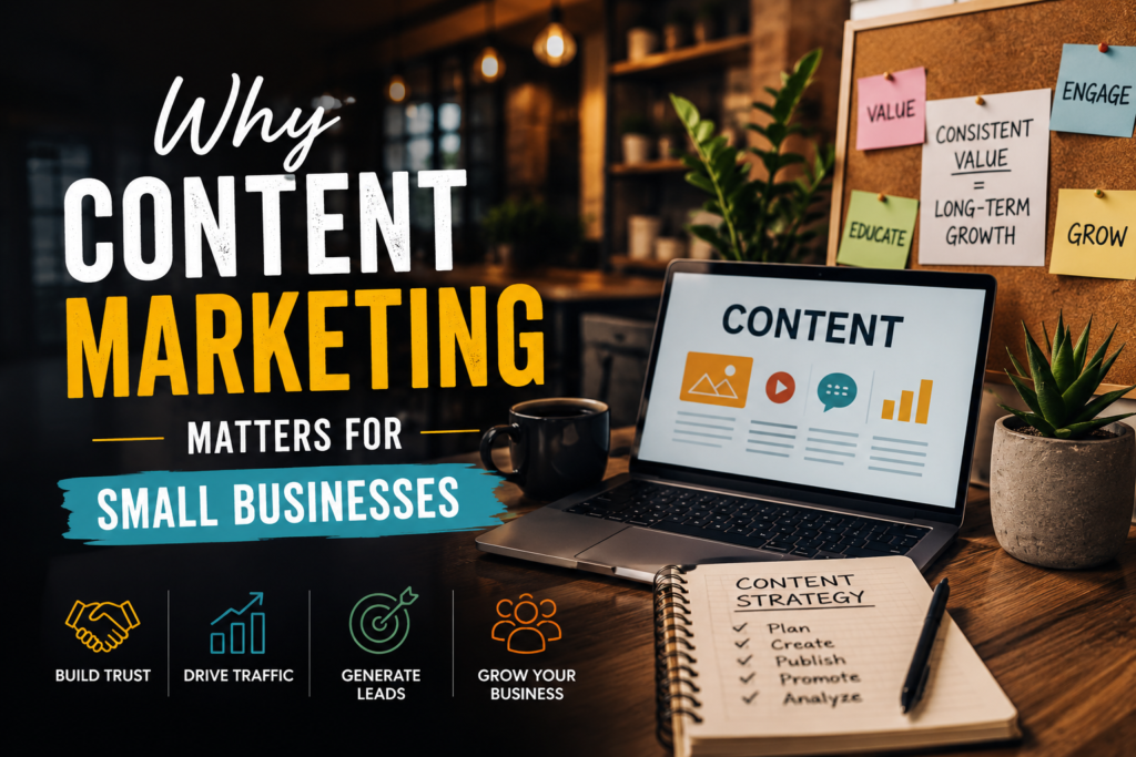 Why content marketing matters for small businesses and how it helps build trust, drive traffic, and generate leads