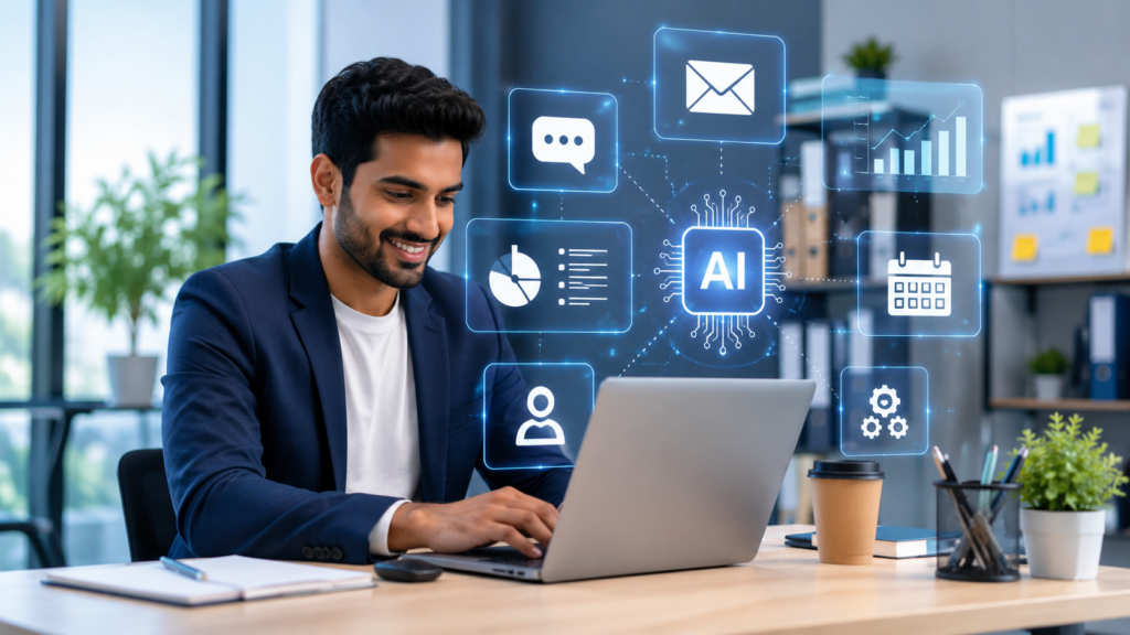 AI helping a small business owner automate daily tasks, improve productivity, and save time using smart business tools.